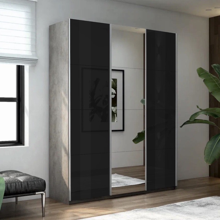 Шкаф-купе «Прайм», 1800×570×2300 мм, 3-х дверный, 2 чёрных стекла / зеркало, цвет бетон - Фото 1
