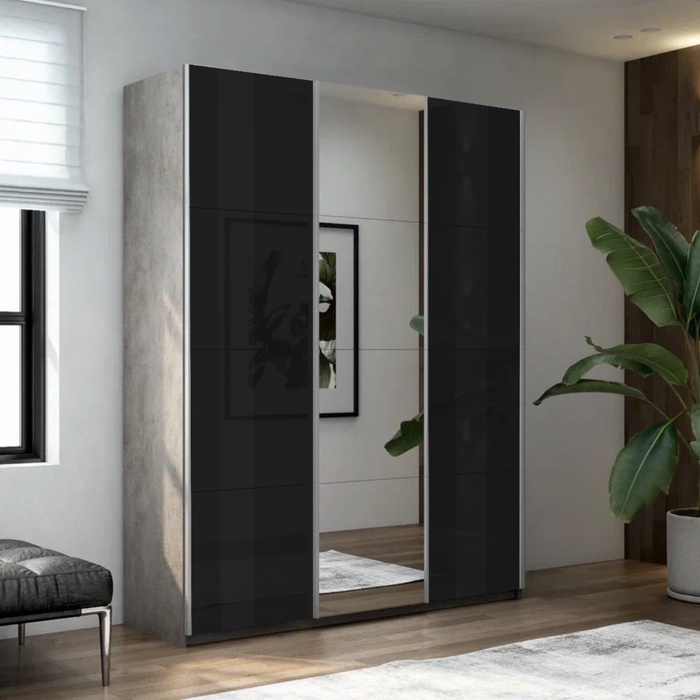 Шкаф-купе «Прайм», 2100×570×2300 мм, 3-х дверный, 2 чёрных стекла / зеркало, цвет бетон - Фото 1