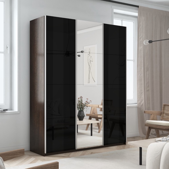 Шкаф-купе «Прайм», 2100×570×2300 мм, 3-х дверный, 2 чёрных стекла / зеркало, цвет венге - Фото 1