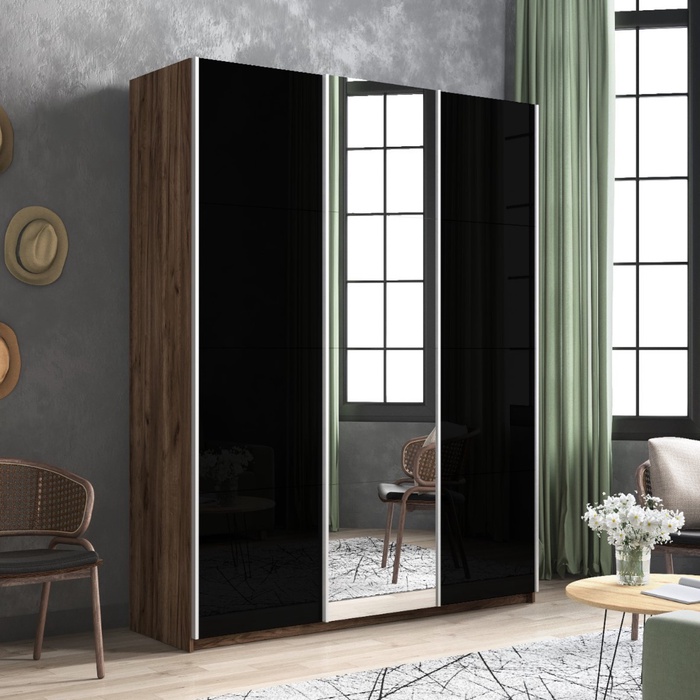 Шкаф-купе «Прайм», 1800×570×2300 мм, 3-х дверный, 2 чёрных стекла / зеркало, дуб табачный - Фото 1