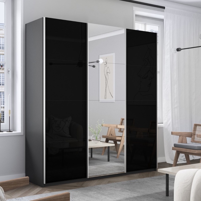 Шкаф-купе «Прайм», 2100×570×2300 мм, 3-х дверный, 2 чёрных стекла / зеркало, серый диамант - Фото 1