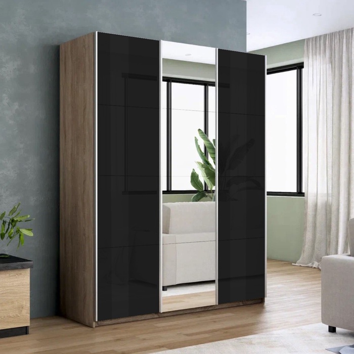Шкаф-купе «Прайм», 2100×570×2300 мм, 3-х дверный, 2 чёрных стекла / зеркало, цвет сонома - Фото 1