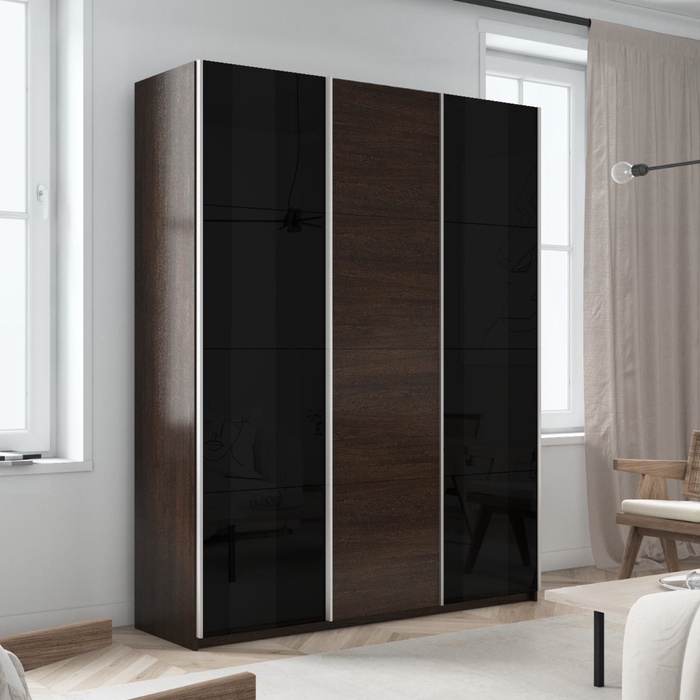 Шкаф-купе «Прайм», 1800×570×2300 мм, 3-х дверный, 2 чёрных стекла / ЛДСП, цвет венге - Фото 1