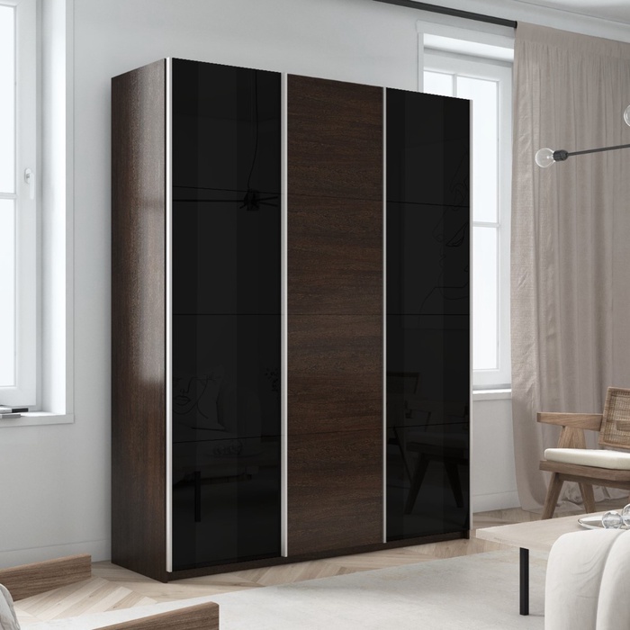 Шкаф-купе «Прайм», 2100×570×2300 мм, 3-х дверный, 2 чёрных стекла / ЛДСП, цвет венге - Фото 1
