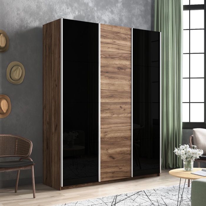 Шкаф-купе «Прайм», 1800×570×2300 мм, 3-х дверный, 2 чёрных стекла / ЛДСП, дуб табачный - Фото 1