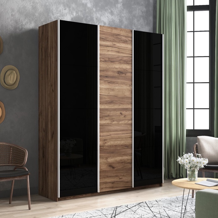 Шкаф-купе «Прайм», 2100×570×2300 мм, 3-х дверный, 2 чёрных стекла / ЛДСП, дуб табачный - Фото 1