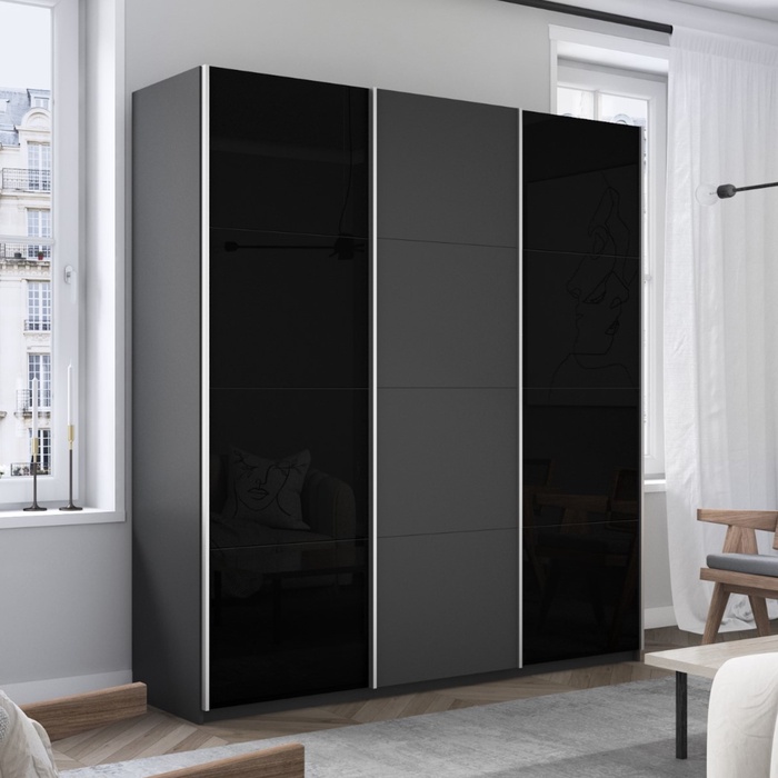 Шкаф-купе «Прайм», 1800×570×2300 мм, 3-х дверный, 2 чёрных стекла / ЛДСП, серый диамант - Фото 1