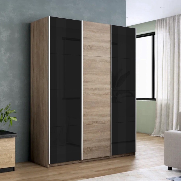Шкаф-купе «Прайм», 2100×570×2300 мм, 3-х дверный, 2 чёрных стекла / ЛДСП, цвет сонома - Фото 1