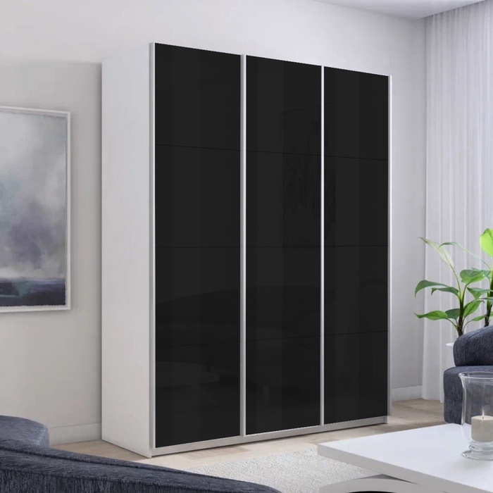 Шкаф-купе «Прайм», 2100×570×2300 мм, 3-х дверный, чёрное стекло, цвет белый снег - Фото 1