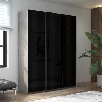 Шкаф-купе «Прайм», 2100×570×2300 мм, 3-х дверный, чёрное стекло, цвет бетон