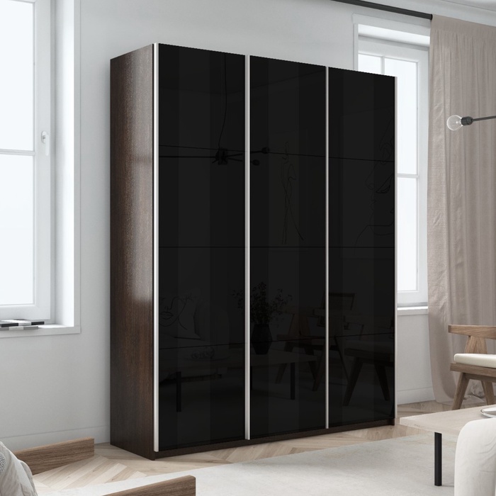 Шкаф-купе «Прайм», 1800×570×2300 мм, 3-х дверный, чёрное стекло, цвет венге - Фото 1