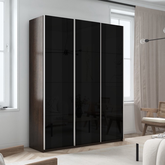 Шкаф-купе «Прайм», 2100×570×2300 мм, 3-х дверный, чёрное стекло, цвет венге - Фото 1