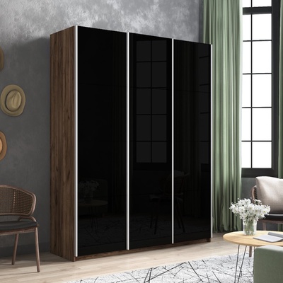 Шкаф-купе «Прайм», 2100×570×2300 мм, 3-х дверный, чёрное стекло, цвет дуб табачный
