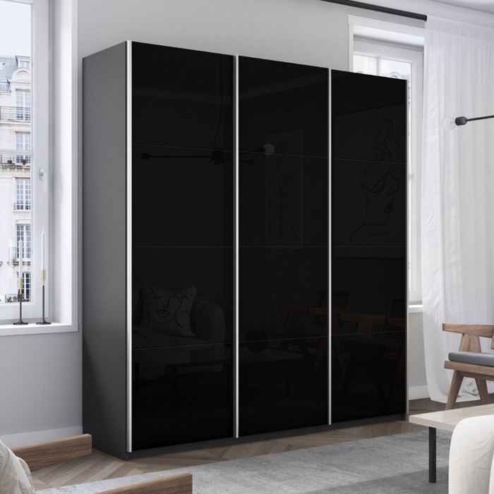 Шкаф-купе «Прайм», 1800×570×2300 мм, 3-х дверный, чёрное стекло, цвет серый диамант - Фото 1