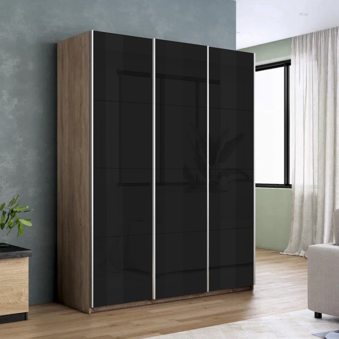 Шкаф-купе «Прайм», 2100×570×2300 мм, 3-х дверный, чёрное стекло, цвет сонома - Фото 1