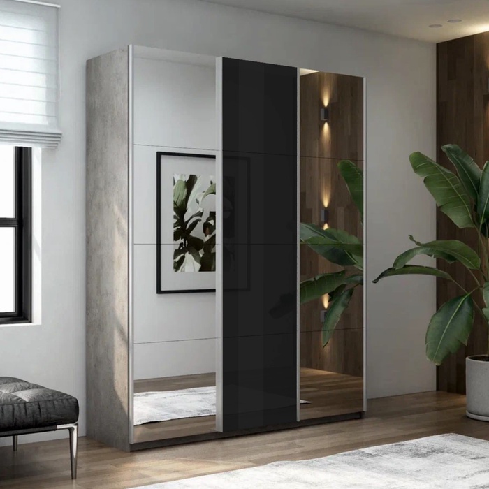 Шкаф-купе «Прайм», 2100×570×2300 мм, 3-х дверный, 2 зеркала / чёрное стекло, цвет бетон - Фото 1