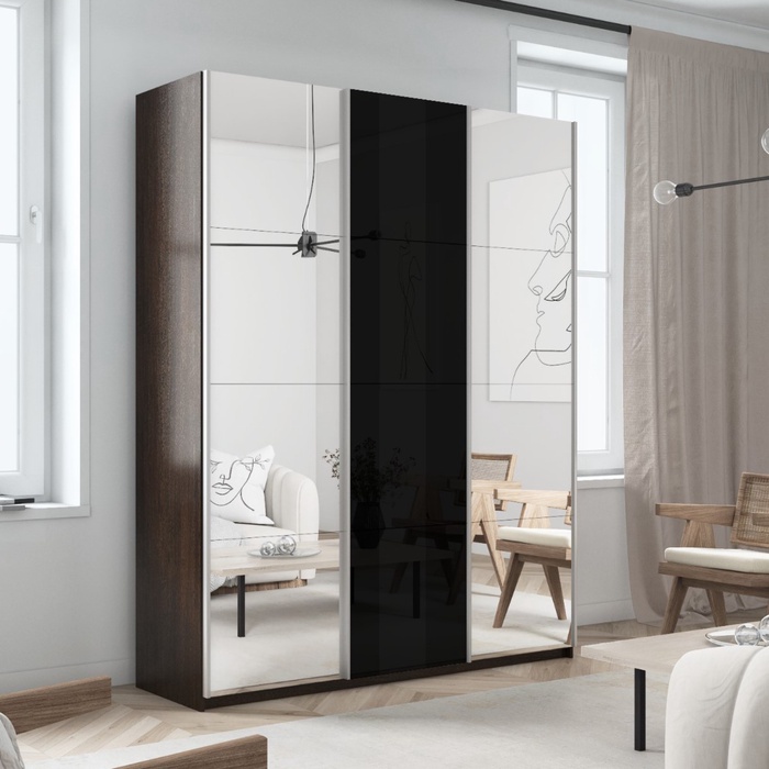 Шкаф-купе «Прайм», 1800×570×2300 мм, 3-х дверный, 2 зеркала / чёрное стекло, цвет венге - Фото 1