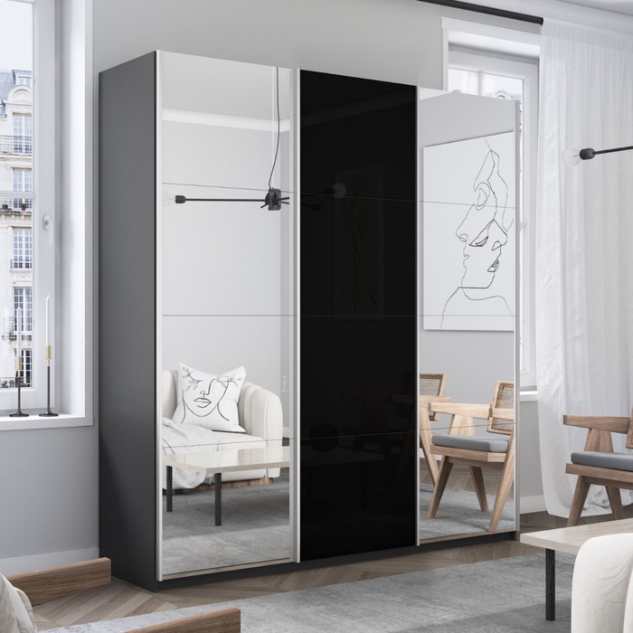 Шкаф-купе «Прайм», 1800×570×2300 мм, 3-х дверный, 2 зеркала / чёрное стекло, серый диамант - Фото 1