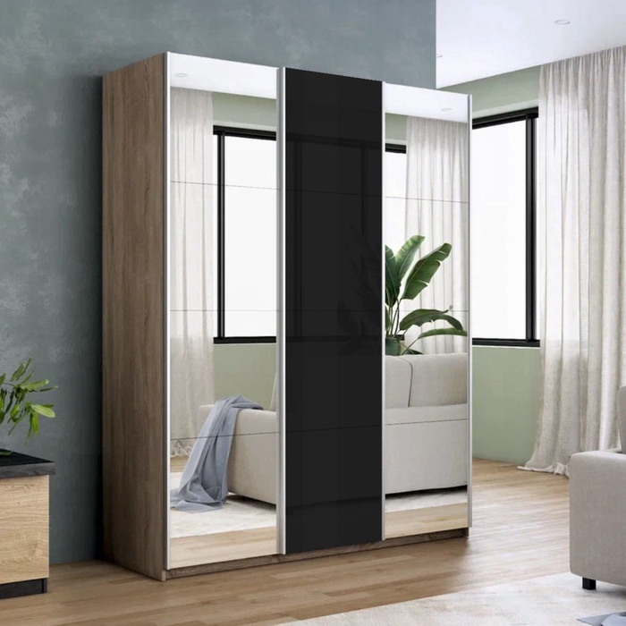 Шкаф-купе «Прайм», 1800×570×2300 мм, 3-х дверный, 2 зеркала / чёрное стекло, цвет сонома - Фото 1