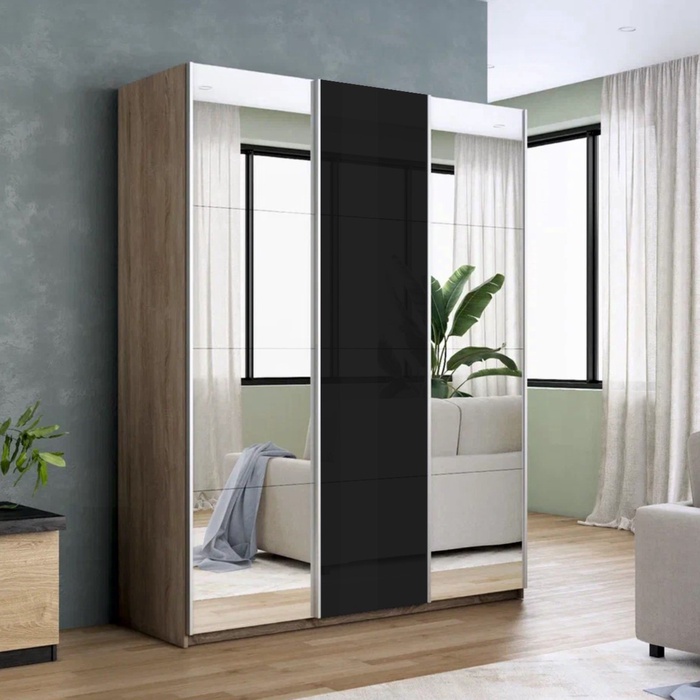 Шкаф-купе «Прайм», 2100×570×2300 мм, 3-х дверный, 2 зеркала / чёрное стекло, цвет сонома - Фото 1