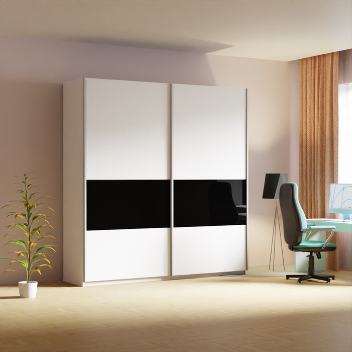 Шкаф-купе «Широкий Прайм», 2200×570×2300, 3 секции ДСП/стекло чёрное/серебро, белый снег - Фото 1