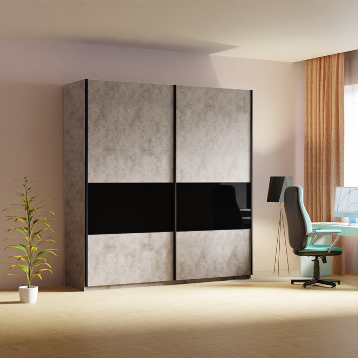 Шкаф-купе «Широкий Прайм», 2200×570×2300 мм, 3 секции ДСП / стекло чёрное / чёрный, бетон - Фото 1