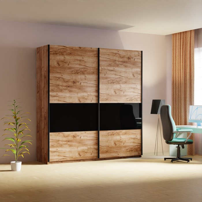 Шкаф-купе «Широкий Прайм», 2200×570×2300, 3 секции ДСП/стекло чёрное/чёрный, дуб табачный - Фото 1