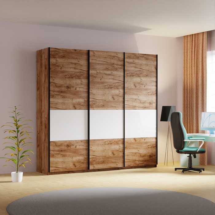 Шкаф-купе «Широкий Прайм», 2400×570×2300, 3 секции ДСП/стекло белое/чёрный, дуб табачный - Фото 1