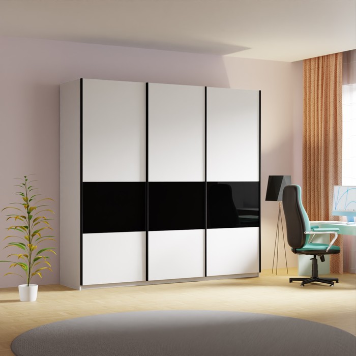 Шкаф-купе «Широкий Прайм», 2400×570×2300, 3 секции ДСП/стекло чёрное/чёрный, белый снег - Фото 1