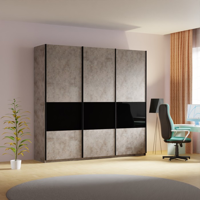 Шкаф-купе «Широкий Прайм», 2400×570×2300 мм, 3 секции ДСП / стекло чёрное / чёрный, бетон - Фото 1