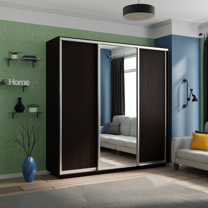 Шкаф купе «Экспресс», 2100×600×2400 мм, 3-х дверный, 2 ЛДСП / зеркало, цвет венге - Фото 1
