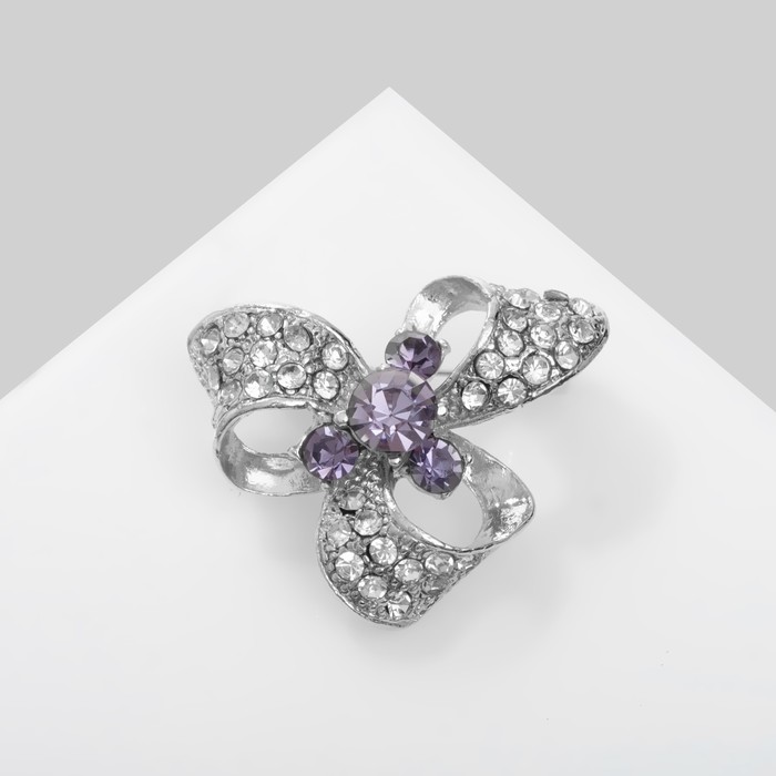 Брошь «Бант» с камнем, бело-сиреневая в серебре - Фото 1