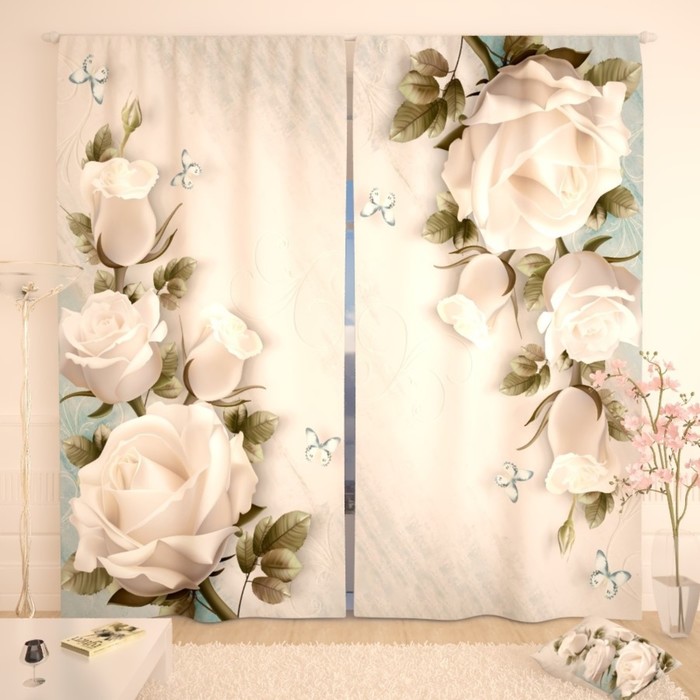 Фотошторы «Бабочки роз и бабочки», и ветви роз», размер 150 × 260 см, габардин - Фото 1