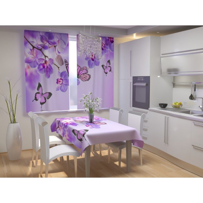Фотошторы для кухни «Бабочки у воды с орхидеями», размер 150 × 180 см, габардин - Фото 1
