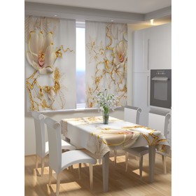 Фотошторы для кухни «Фарфоровые цветы», размер 150 x 180 см, габардин