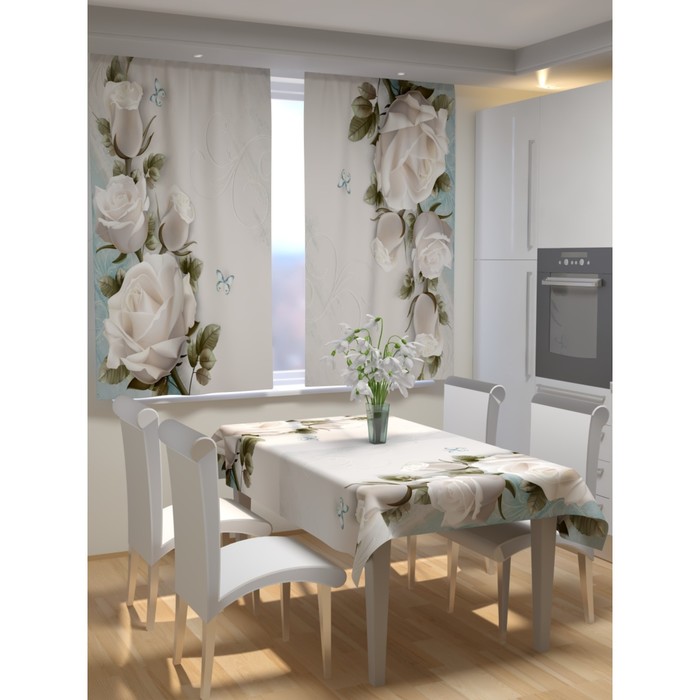 Фотошторы для кухни «Бабочки и ветви роз», размер 150 × 180 см, габардин