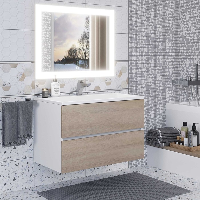 Тумба подвесная Uperwood, с раковиной Uperwood Barsa 80, цвет белый/дуб сонома - Фото 1