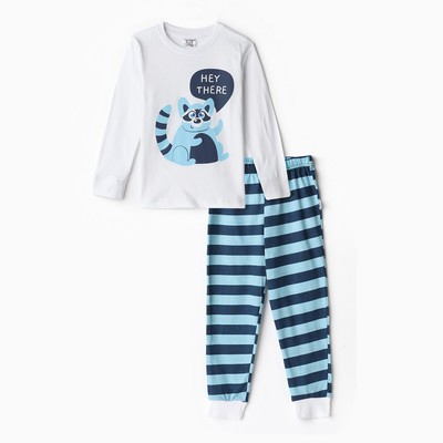Пижама для мальчика (лонгслив/штанишки), цвет белый/синий/енот, рост 110см