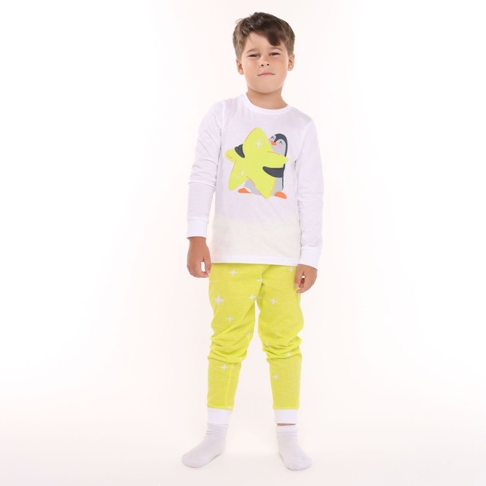 Пижама для мальчика (лонгслив/штанишки), цвет белый/жёлтый/пингвин, рост 98см