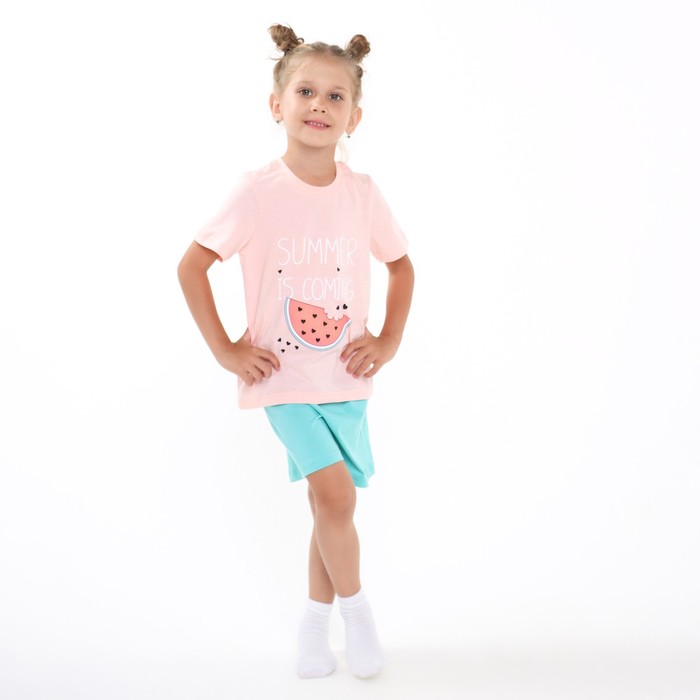 Комплект (футболка, шорты) для девочки, цвет персик/бирюзовый, рост 110-116 см (5 лет)