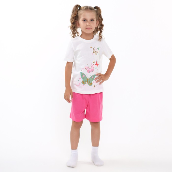 Комплект (футболка, шорты) для девочки, цвет молочный/розовый, рост 104-110 см (4 года)