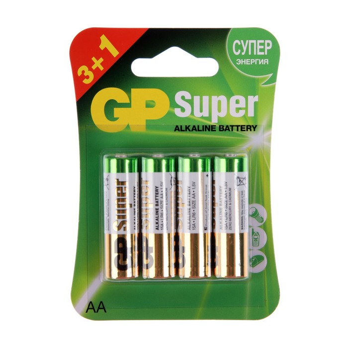 Батарейка алкалиновая GP Super, AA, LR6-4BL, 1.5В, 3+1 шт. - Фото 1