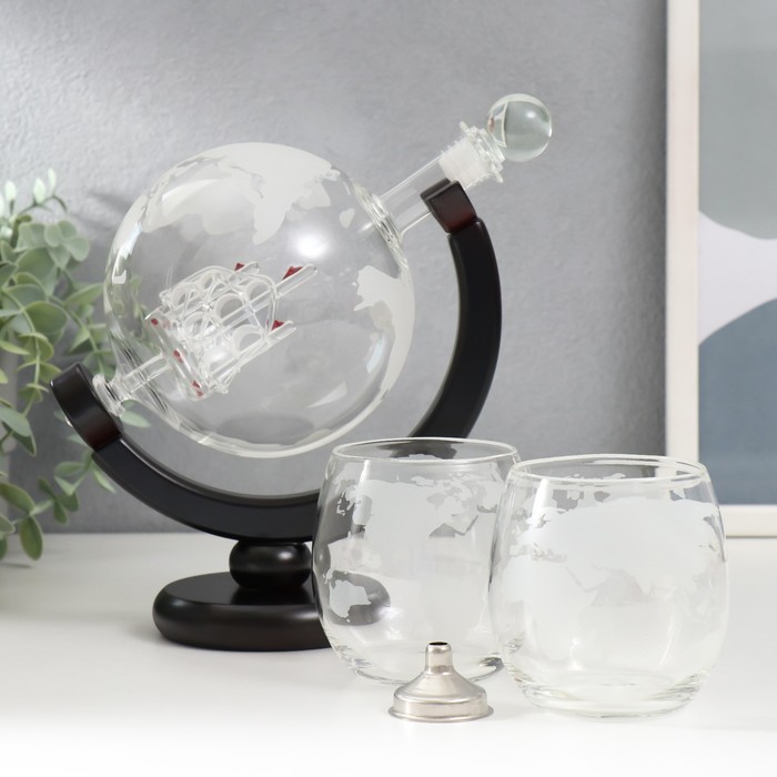 Винный набор сувенирный «Корабль в шаре»: графин 800 мл, 2 бокала по 250 мл - Фото 1