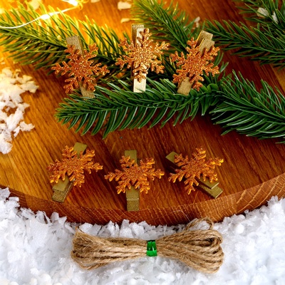 Прищепки декоративные новогодние «Снежинки» золотые, 6 шт.