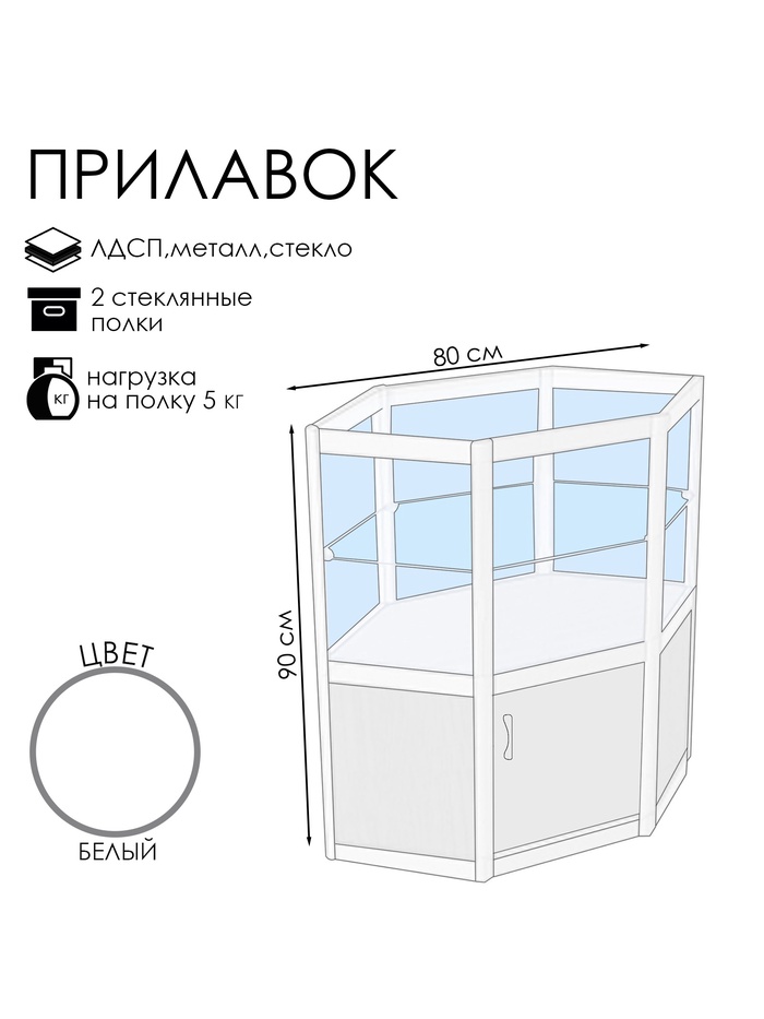Прилавок угловой «У6п дв», 80×80×90 см, ЛДСП, стекло, белый