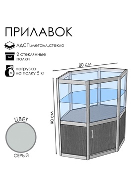 Прилавок угловой «У6п дв», 80×80×90 см, ЛДСП, стекло, серый