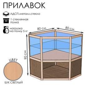 Прилавок угловой «У5п», 80×80×90 см, ЛДСП, стекло, цвет дуб сонома