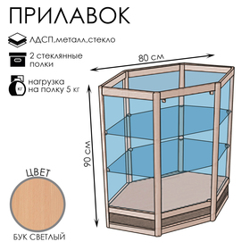 Прилавок угловой «У6н», 80×80×90 см, ЛДСП, стекло, цвет дуб сонома