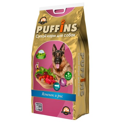 Сухой корм для собак Puffins «Ягненок и рис» 15 кг