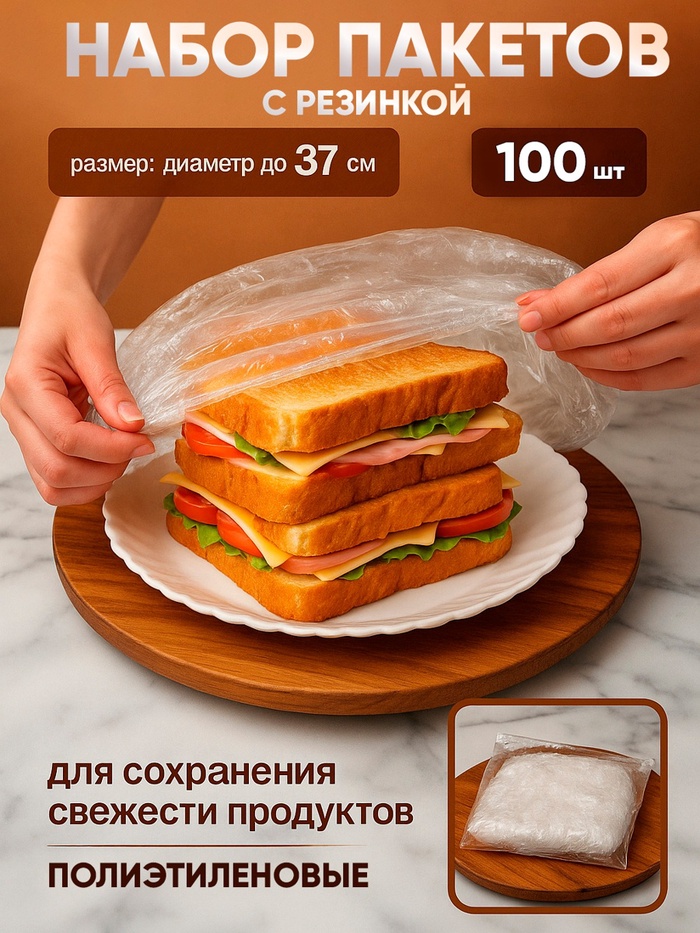 Набор пакетов для сохранения свежести продуктов с резинкой, Ø до 37 см, 100 шт. - Фото 1
